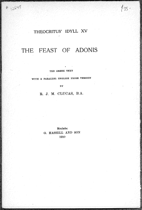 Theocritus 15th Idyll: 1910 edition by Hassell and Son