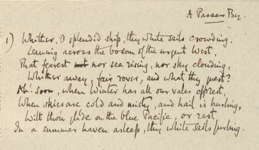 Cyril Rootham's hand-written text of the poem A Passer By